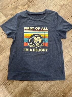 Kids Funny Opossum T Shirt Large “First of All I’m a Delight” Graphic Tee NWOT